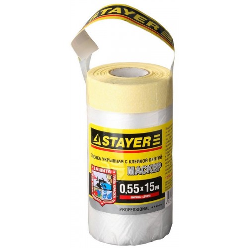 Пленка STAYER "PROFESSIONAL" защитная с клейкой лентой "МАСКЕР", HDPE, 9мкм, 0,55х15м 12255-055-15