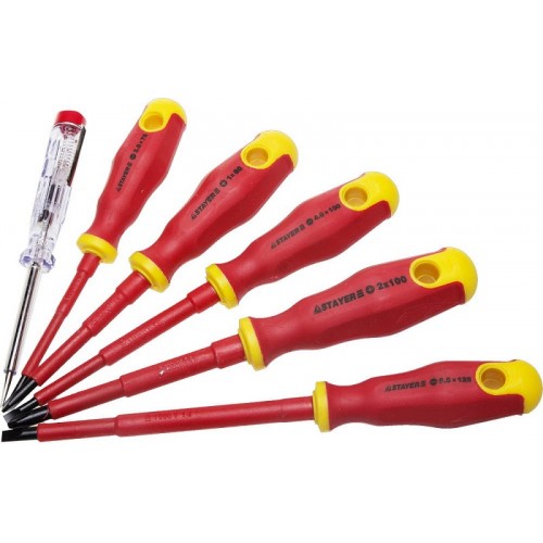 Набор STAYER "PROFI" "ELECTRO": Отвертки диэлектрические, тестер, 100-250В, Cr-V, 6шт, 25145-H6_z01