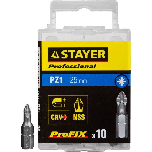 Биты STAYER "PROFESSIONAL" ProFix Pozidriv, тип хвостовика C 1/4", № 1, L=25мм, 10шт, 26221-1-25-10_z01