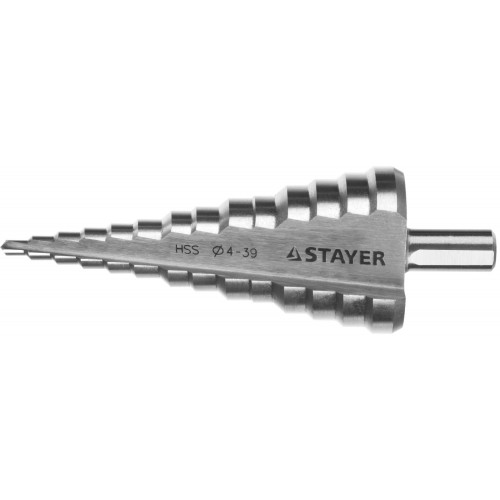 Сверло STAYER "MASTER" ступенчатое по сталям и цвет.мет., сталь HSS, d=4- 39мм,14ступ.d4-39,L -113 мм, трехгран.хв. 10мм 29660-4-39-14