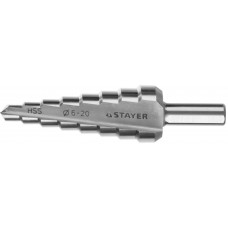 Сверло STAYER "MASTER" ступенчатое по сталям и цвет.мет., сталь HSS, d=6-20мм,8ступ.d 6-8-10-12-14-16-18-20,L-75мм,3-х гран.хв. 8мм 29660-6-20-8