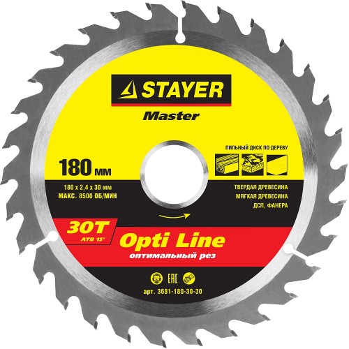 Диск пильный STAYER MASTER "OPTI-Line" по дереву, 180х30мм, 30Т 3681-180-30-30