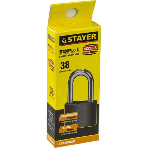 Замок STAYER "STANDARD" навесной, металлический корпус, удлиненная закаленная дужка, 38мм, 37160-38-1