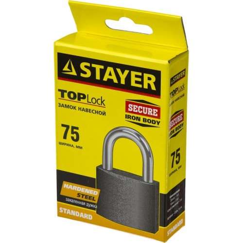 Замок STAYER "STANDARD" навесной, металлический корпус, закаленная дужка, 75 мм, 37160-75