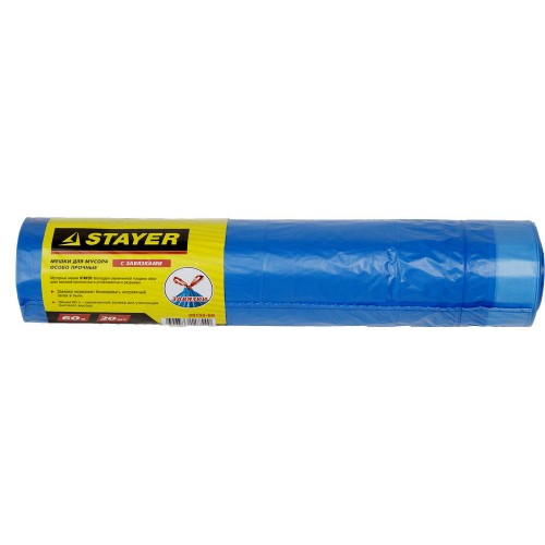 Мешки для мусора STAYER "Comfort" с завязками, особопрочные, голубые, 60л, 20шт, 39155-60